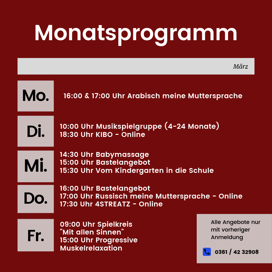 Monatsprogramm des Family Club - März 2021 - Erfurt Südost