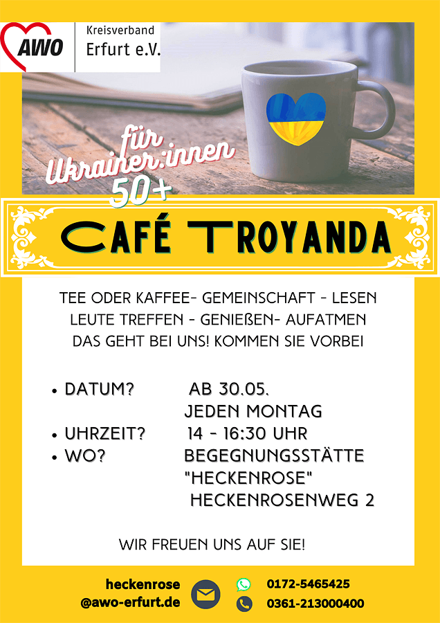 „Café Troyanda“ für Ukrainer:innen 50+ im AWO-Begegnungsraum „Heckenrose“ Erfurt-Wiesenhügel