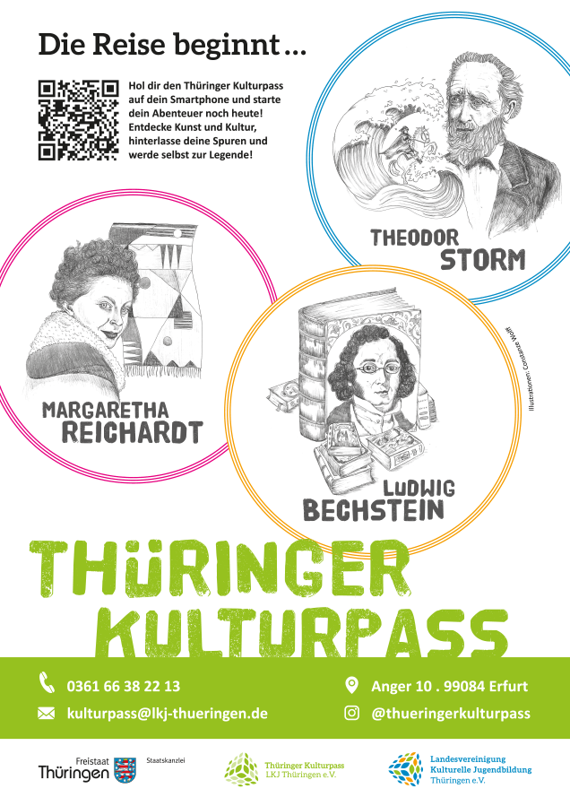 Hol dir den Thüringer Kulturpass auf dein Smartphone und starte dein Abenteuer noch heute! Entdecke Kunst und Kultur, hinterlasse deine Spuren und werde selbst zur Legende!