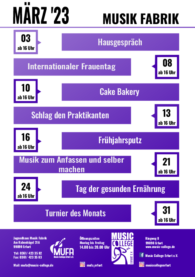 Highlights im März 2023 im Jugendzentrum Musik Fabrik Erfurt