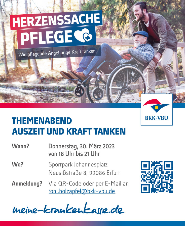 Einladung zum Themenabend „Auszeit und Krafttanken für pflegende Angehörige“ in Erfurt am 30.03.2023