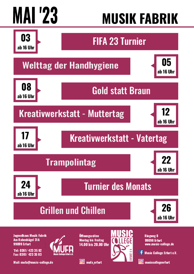 Highlights im Mai 2023 im Jugendzentrum Musik Fabrik Erfurt