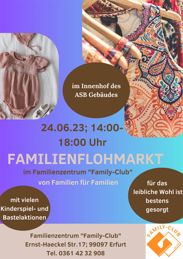 24. Juni 2023: Familienflohmarkt im Familienzentrum "Family Club" in Erfurt-Südost - von Familien für Familien