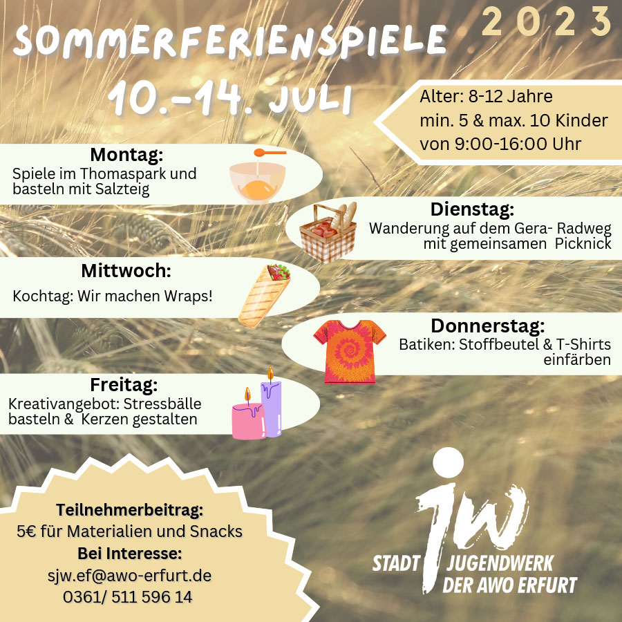 Sommerferienspiele 2023 - 10. bis 14. Juli - Stadtjugendwerk der AWO Erfurt