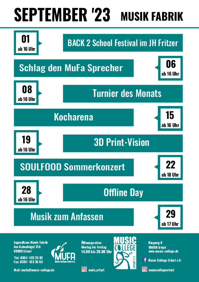 Highlights im September 2023 im Jugendzentrum Musik Fabrik Erfurt