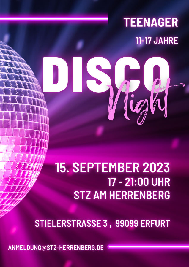 Disco-Night am 15. September 2023 von 17-21 Uhr im STZ am Herrenberg (Erfurt-Südost)
